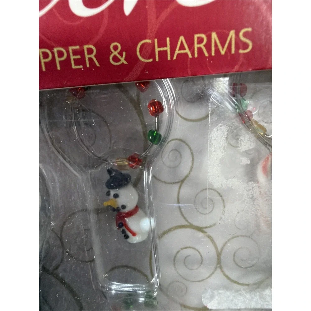 Festive Christmas Snowman Wine Bottle Stopper & 4 Wine Glass Charms Set